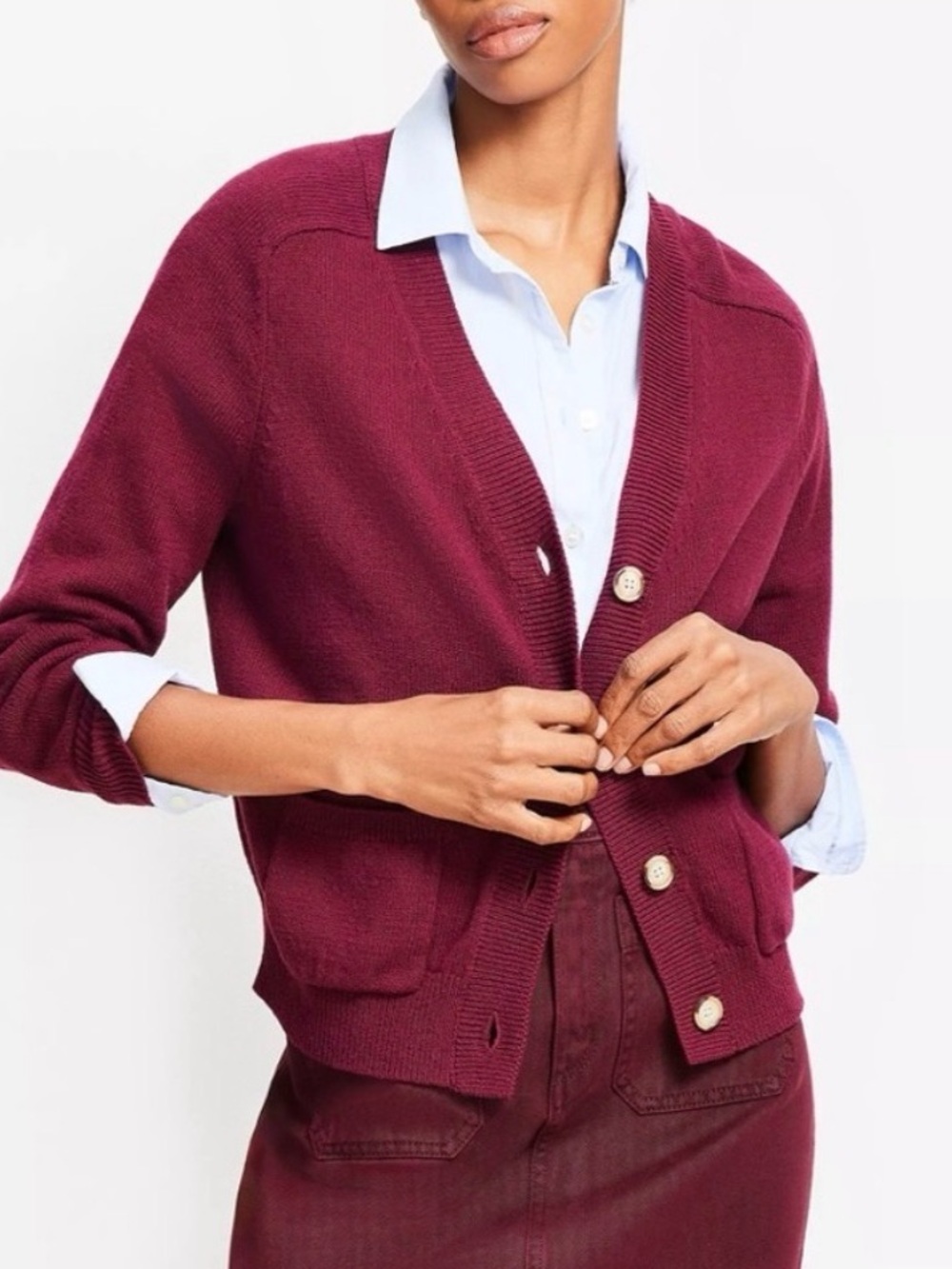 LOFT Ladies Burgundy Plum Button V-Neck Cardigan Patch Pockets XS